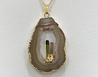 Druzy Agate Pendant with Green Pink Tourmaline Crystal Necklace