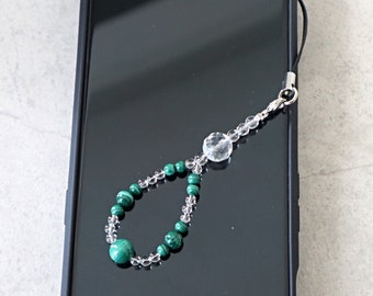 Phone and Car Charm Green Malachite and Clear Quartz