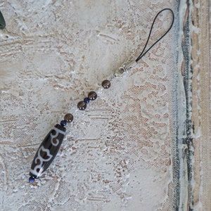 Lotus Tibetan Agate Dzi Bead Car Charm: Lapis & Quartz Crystal Strap