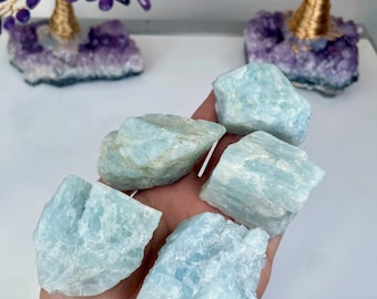 Könnte beinhalten: Eine Hand hält mehrere raue, hellblaue Aquamarin-Kristalle. Die Kristalle haben ein natürliches, unpoliertes Aussehen. Im Hintergrund stehen zwei dekorative Drahtbäume mit Amethyst- und Citrin-Edelsteinblättern.