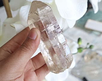 May include: A clear quartz crystal point with a natural, raw finish. The crystal is translucent and has a slight golden hue. It is approximately 10 cm long.