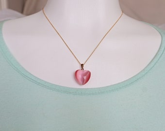 Pink Cats Eye Heart Pendant Necklace gold plated sterling silver