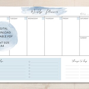 Weekly Planner Digital Download Printable | Blue Watercolor Weekly Plan, Calendar, To Do List, Organizer, A4 Print Size
