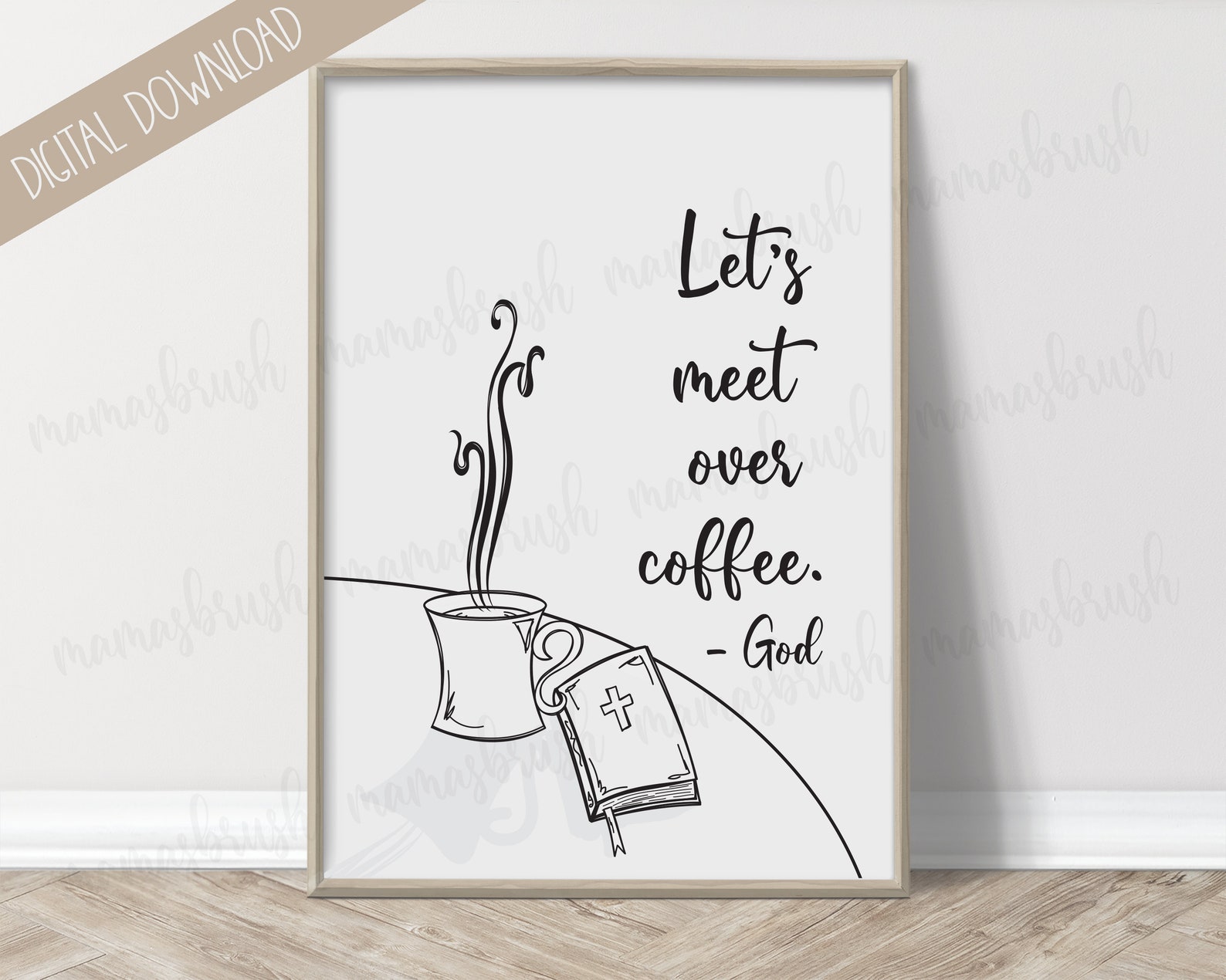 Let's meet over Coffee Print

minimal, black and white line art, Bible and Coffee, word art, wall art