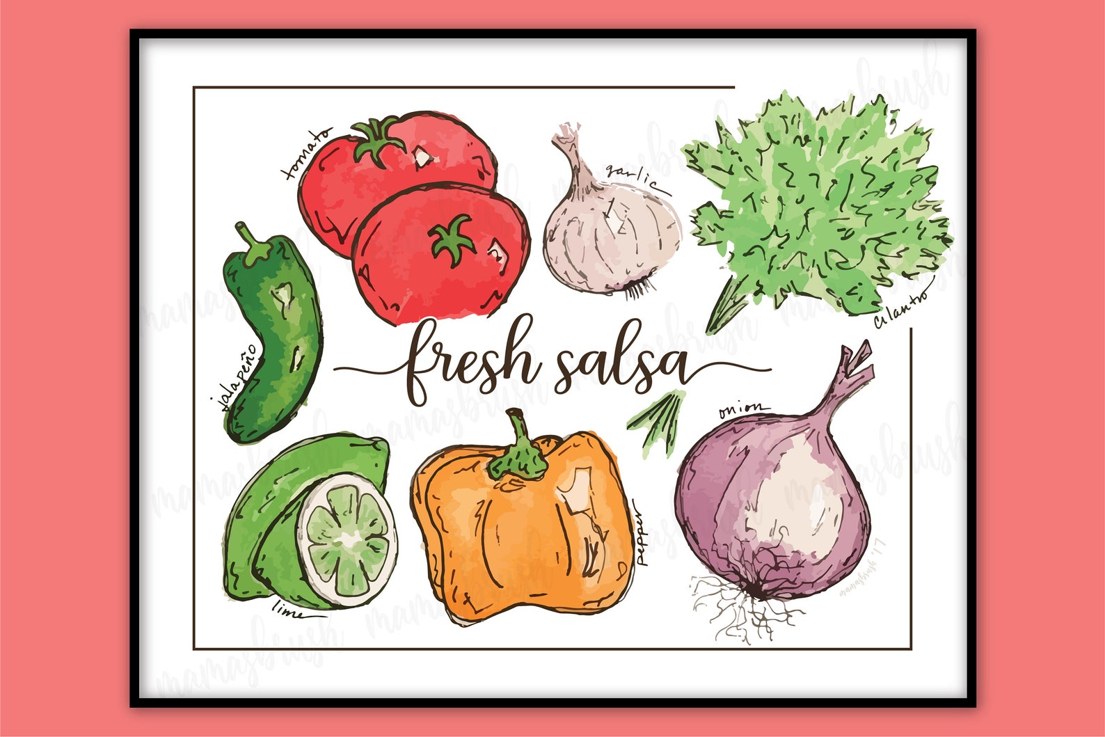 Fresh Salsa Watercolor Print |
mamasbrush

Fresh salsa veggies kitchen wall art decor. 
