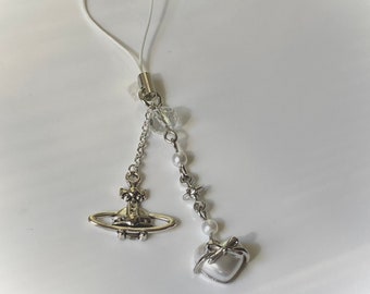 Y2K Phone Charm / white, silver, Vivienne Westwood, heart charm, dainty cyber y2k, bow