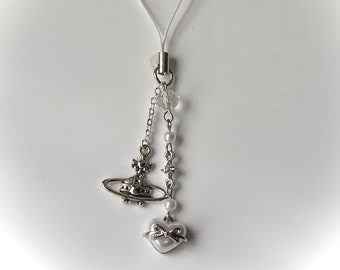 Charm para teléfono Y2K / blanco, plateado, Vivienne Westwood, charm de corazón, delicado cyber Y2K, lazo