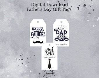 May include: Three printable gift tags for Father's Day. The tags feature black and white text with a blue tie graphic. The text on the tags reads "Happy Father's Day", "Best Dad Ever", and "No. 1 Dad".