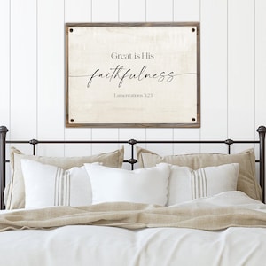 Great Is His Faithfulness Metal Print on Reclaimed Wood Frame-Christian Wall Decor-Rustic Bible Sign-Lamentations 3:23-Church Wall Decor