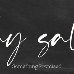 May include: A black chalkboard-style background with the white cursive text "stay salty." Below the main text, in a smaller font, is the text "Something Promised."