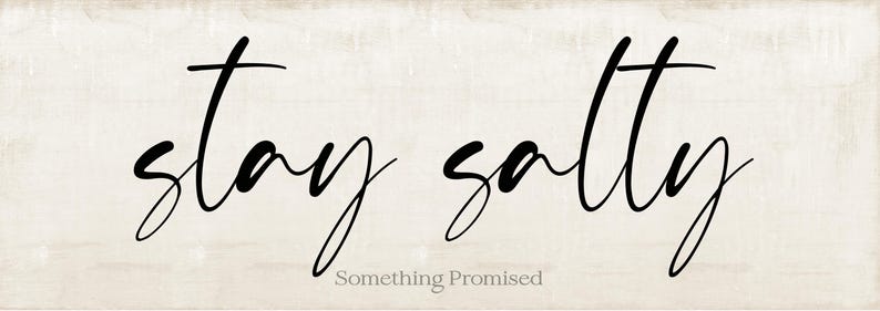May include: A rectangular wooden sign with the words "stay salty" in black cursive script. The phrase "Something Promised" is written in a smaller, gray font below the main text. The background has a light, textured appearance.