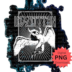 May include: A digital download of a black and white graphic design featuring the band Led Zeppelin's name and a stylised image of a winged figure. The design has a grunge-style background with blue and black paint splatters.