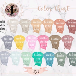 May include: Color chart showing different heather colors for t-shirts. The colors include solid white blend, heather cool grey, heather dust, heather sand dune, heather peach, heather sunset, heather mauve, heather storm, heather yellow, heather bubble gum, heather charity pink, heather tan, heather orchid, heather blue, heather ice blue, heather mint, heather sea green, heather aqua, heather sage, and heather dusty blue.