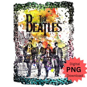 Könnte beinhalten: Eine digitale Illustration der Beatles-Bandmitglieder, die eine Straße entlanglaufen, mit einem bunten Aquarellhintergrund. Das Wort "The Beatles" ist in schwarzen Buchstaben auf dem Bild geschrieben.