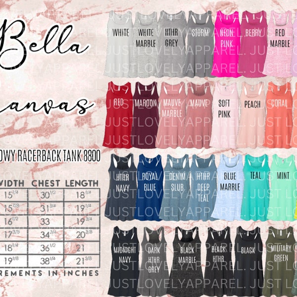 Bella Canvas 8800 Digital Download Color Chart / Bella tank color chart / t-shirt business / DTF printing color chart / summer tank tops