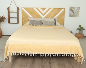Sofadeken, kingsize Turkse deken, mosterddeken, gestreepte plaid, 91 x 95 inch handgemaakte sprei, Turks plaid, decoratieve deken