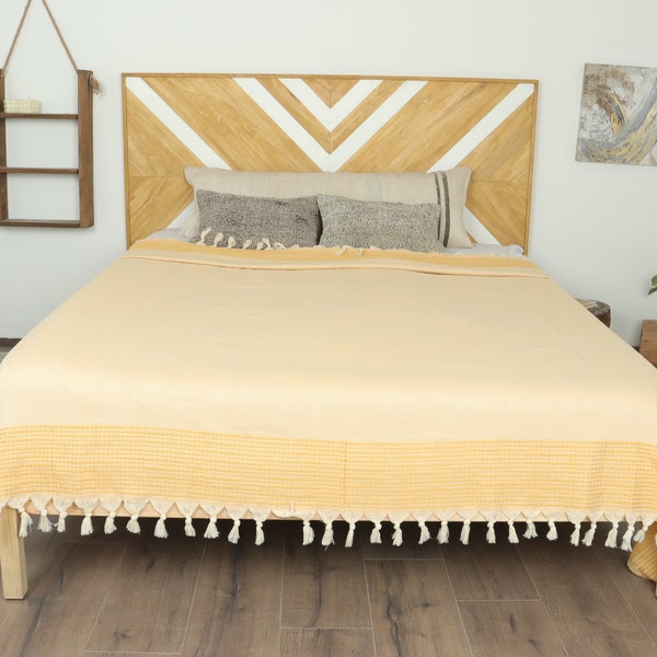 Sofa Blanket, King Size Turkish Blanket, Mustard Blanket, Striped Throw, 91x95 Inches Handmade Bedspread, Turkish Throw, Decorative Blanket