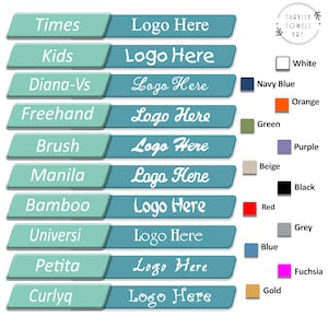Puede incluir: Un gr&aacute;fico con texto y muestras de color. El texto incluye "Times", "Kids", "Diana-Vs", "Freehand", "Brush", "Manila", "Bamboo", "Universi", "Petita" y "Curlyq", cada uno emparejado con "Logo Here". Las muestras de color incluyen blanco, azul marino, naranja, verde, morado, beige, negro, rojo, gris, azul, fucsia y dorado.