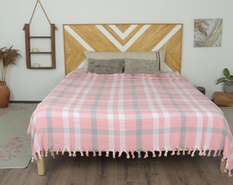 Handwoven Blanket, Turkish Throw Blanket, Pink Throw, Striped Throw, 79x89 Inches Throw Blankets Boho, Oversize Throw, Decor Blanket,