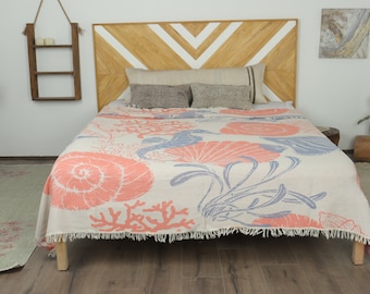 Custom Blanket, Turkish Blanket, Orange-Blue Throw, Underwater Animals Blanket, 79x91 Inches Blankets Boho, Gift Blanket,