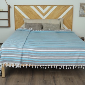 Turkish Blanket, Beach Blanket, Dark Gray-Turquoise Throw, Striped Blanket, 63x83 Inches Embroidered Bedspread, Decor Throw,
