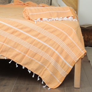 Couch Throw, Turkish Throw Blanket, Orange Blanket, Striped Throw, 60x79 Inches Boho Bedspread, Organic Blanket, Camping Throw,