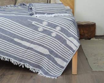 Bankkleed, bankdeken, marineblauwe deken, plaid met patroon, Turkse sprei van 60 x 83 inch, decoratieve deken, extra grote plaid,