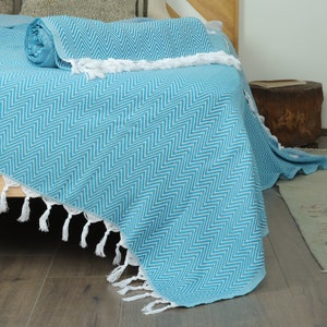 Cubrecama turco, mantas para regalo de boda, manta turquesa, manta Chevron, cubrecama de algodón de 71 x 87 pulgadas, manta de pavo, manta de playa,