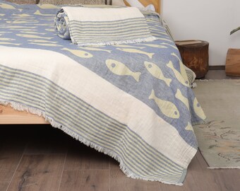 Sofadeken, grote handdoek, marineblauw-gele plaid, deken met dierenprint, geborduurde sprei van 77 x 91 inch, warme plaid, bankdeken,