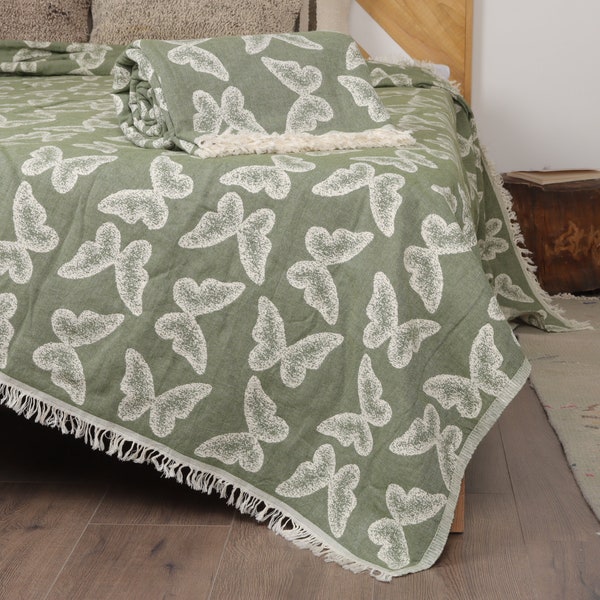 Handwoven Blanket, Bedcover, Khaki Green Blanket, Butterfly Blanket, Animal Patterned Throw, Print Throw, 79x95 Inches Customizable Blanket,