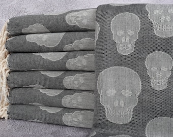 Turkish Towel, Wholesale Towels, Skull Patterned Black Towel, 36x67 Inches Turkish Towel Wholesale, Hotel Peshtemal, Organic Peshtemal,