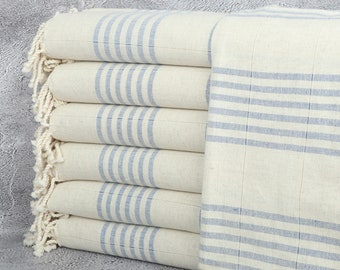 Striped Towel, Bachelor Bachelorette Party Favors, Monogram Beach Towel, 40x71 Inches Sax Blue Linen Towel, Bachelorette Party Gift,