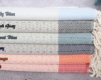 Personalized Turkish Towel, Organic Towel, Diamond Peshtemal, 40x71 Inches Embroidered Towel, Summer Peshtemal, Hammam Peshtemal,