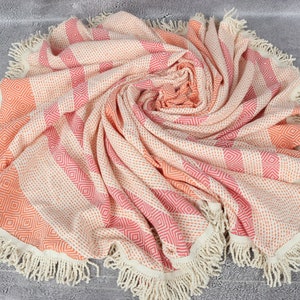 Handmade Gift, Round Diamond Towel, Personalized Turkish Towel, 63&quot;x63&quot; Orange-Fuchsia Cotton Towel, Bath Towel, Gift For Boyfriend,
