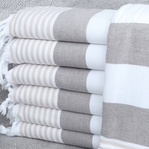 Housewarming Gift, Striped Terry Towel, Bachelor Gifts, 36x67 Inches Beige-Brown Cotton Towel, Monogrammed Beach Towel, Birthday Gift,