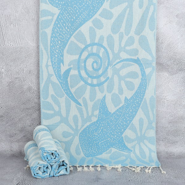 Hair Towel, Cotton Tea Towel, Turquoise Towel, Fish Towel, 38x18 Inches Bathroom Towel, Decor Towel, Dish Towel, Bath Decor Towel,