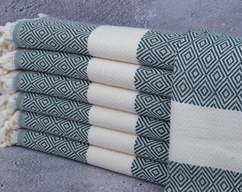 パーソナライズされたタオル、小さなタオル、ダークグリーンのペシュキル、ダイヤモンドタオル、20 x 36インチの彼女へのギフト、キャンプ用ナプキン、スパ用ナプキン、ホテル用布巾