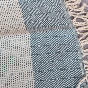 Puede incluir: Primer plano de un textil tejido con un patr&oacute;n geom&eacute;trico de diamantes en verde azulado y blanco. La tela tiene un borde con flecos y un patr&oacute;n de puntos en un lado. El textil es probablemente una toalla o una manta.