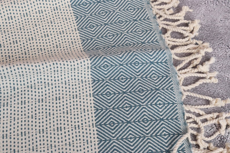 Puede incluir: Primer plano de un textil tejido con un patr&oacute;n geom&eacute;trico de diamantes en verde azulado y blanco. La tela tiene un borde con flecos y un patr&oacute;n de puntos en un lado. El textil es probablemente una toalla o una manta.
