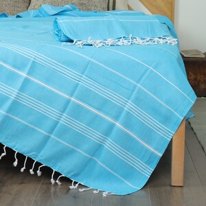 Turkish Blanket, Beach Blanket, Turquoise Throw, Striped Blanket, 63x91 Inches Table Cover, Turkish Bedspread, Wholesale Blanket,