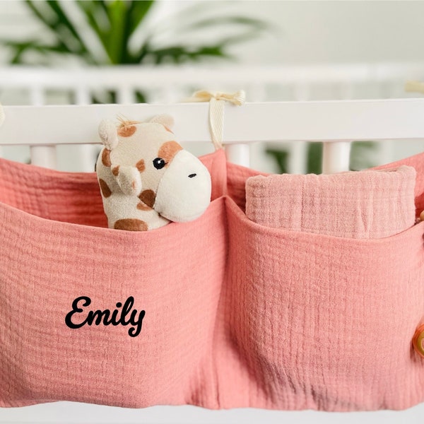 Organizer personalisiert Babybett aus Musselin Aufbewahrung Kinderbett Hängetasche Leine