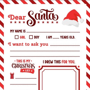 Lista de deseos de Navidad para niños, Carta a Santa IMPRIMIBLE, Carta para niños a Santa, Carta de Santa, Lista de deseos de Querido Santa, Carta fácil de imprimir a Santa