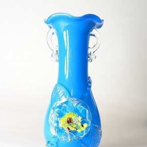 Bright Blue and White Murano Blown Glass Vase with Clear Glass Rose with Yellow and Red Center on Stem - Frilled Top - Two Glass Handles