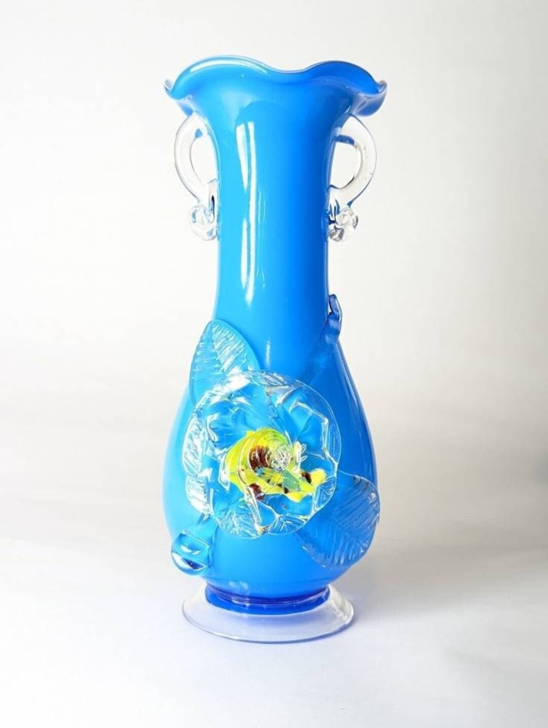 Bright Blue and White Murano Blown Glass Vase With Clear Glass Etsy