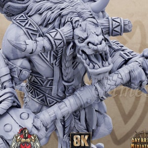 May include: A gray, detailed miniature of a minotaur-like creature with horns, a large club, and a fierce expression. The miniature is printed in a 3D printer and is ready to be painted.