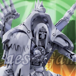 May include: A white, detailed, articulated, miniature figure of a robot with multiple arms and a staff. The figure is posed in a dramatic stance with its arms raised. The figure is set against a backdrop of a green and orange landscape.