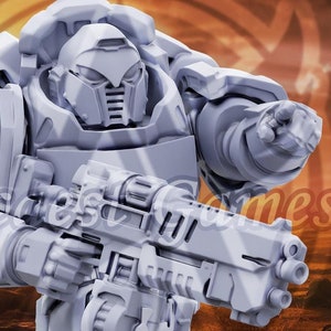 May include: A white plastic miniature of a space marine in power armor holding a gun. The miniature is posed in a combat stance with the gun pointed forward. The miniature is set against a blurred background of a sunset.