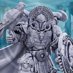 May include: A white, detailed, 3D printed miniature of a warrior figure wearing a helmet with a winged design and holding a bird in one hand and a shield in the other. The figure is standing on a base and is surrounded by a blue and white background.