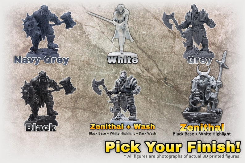 Pick between several different finishes and primers for your miniature(s) including Navy Grey, White, Grey, Black, Zenithal and Zenithal + Dark Wash!