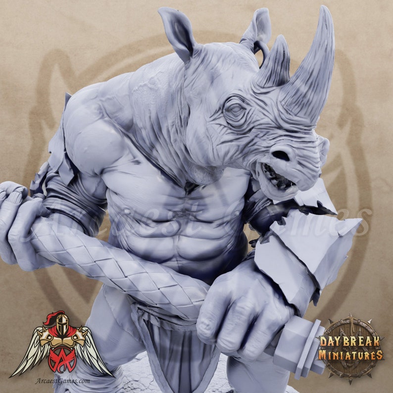 Rhino | Brontinus | Rhinokin Champion, Warrior, Barbarian | 32mm / 75mm | D&D, DnD, Pathfinder, Age of Sigmar | Daybreak Miniatures